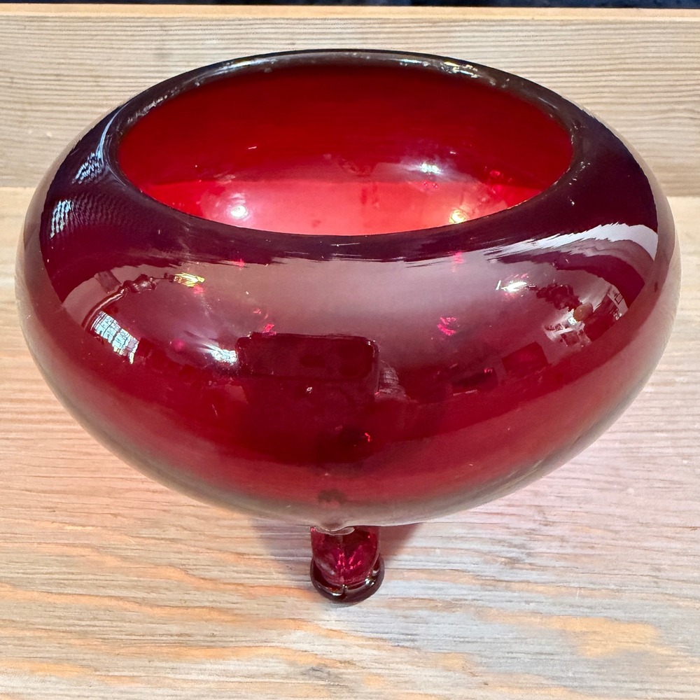 Vintage Ruby Red Glass Rose Bowl Tripod Footed Round Vase Mid Century Modern